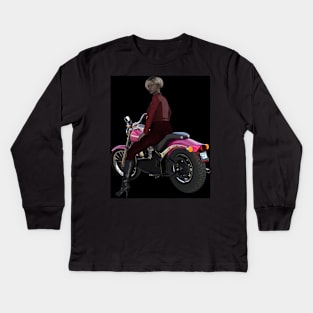 Young woman riding pink  motorcycle Kids Long Sleeve T-Shirt